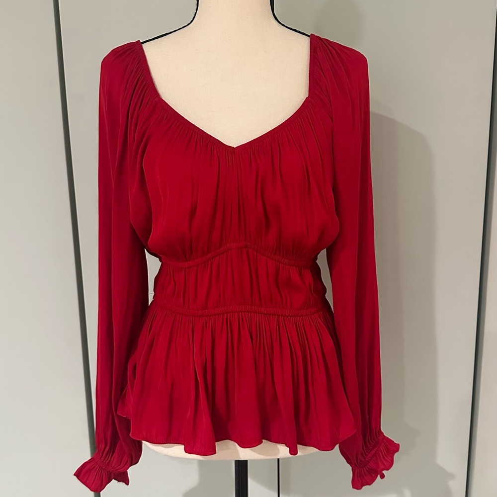 NINE WEST Size Medium Red and Pink Peplum Long Sleeve Sweetheart Neckline Blouse - Picture 5 of 11